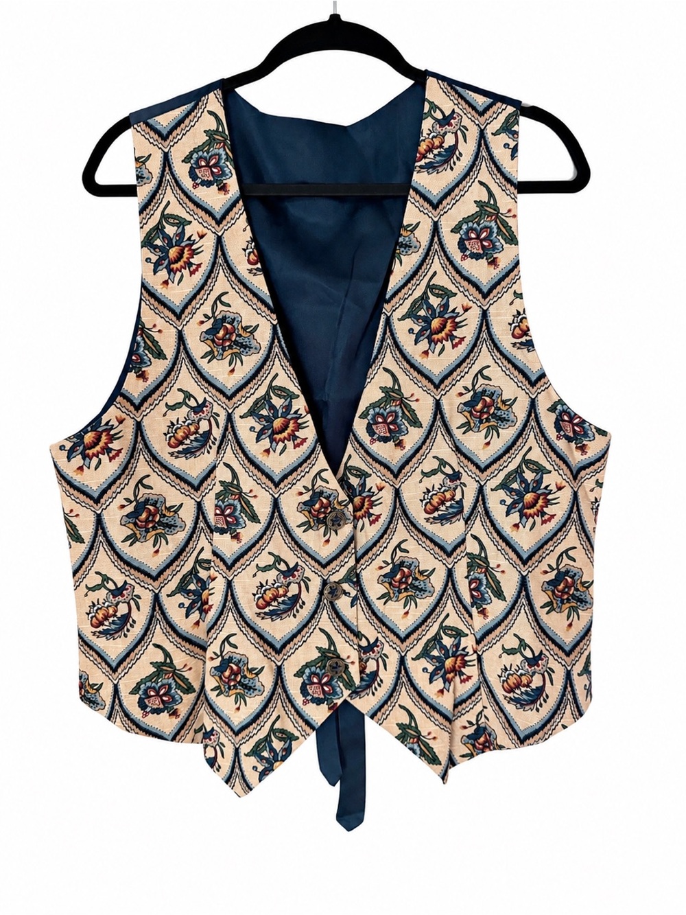 Vintage Handmade Floral Tapestry Vest Blue Lined Waistcoat Cottagecore Western